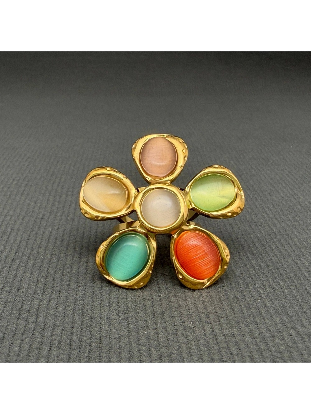 Cat's Eye Stone Flower 18K Gold Plated S.Steel Ring S 7.75